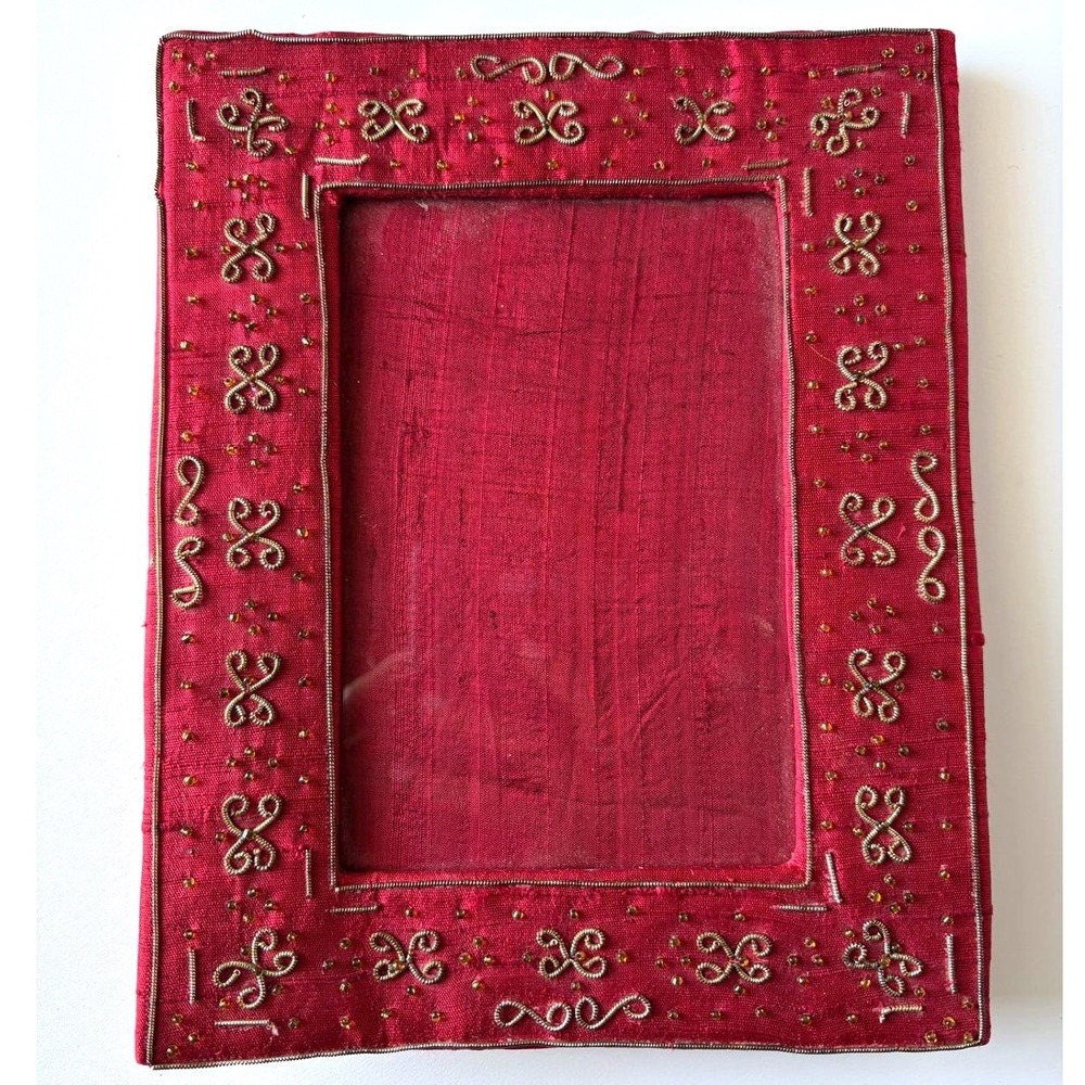 Red Silk‎ Beaded Photo Frame Gold Embroidery 4x6 Handcrafted India Boho Decor